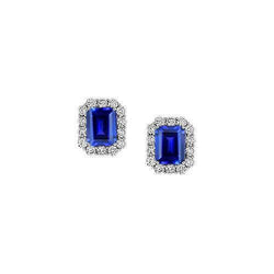 Sri Lanka Sapphire Emerald Cut Halo Ronde Diamond Stud Earring WG 14K
