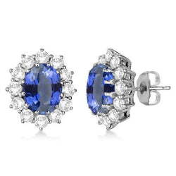 Sri Lanka Sapphire Ovale & Ronde Pave Halo Diamond Stud Oorbellen WG 14K