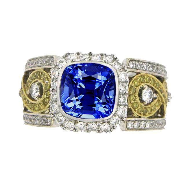 Sri Lanka blauwe saffier kussen diamanten ring 3.26 karaat tweekleurig 14K - harrychadent.nl
