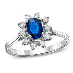 Sri Lanka saffier en ovale en ronde diamanten 2.50 ct. Ring WG 14K
