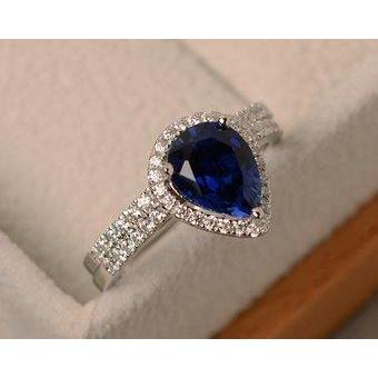 Sri Lankaanse blauwe saffier peer & ronde diamanten ring 2.75 karaat WG 14K - harrychadent.nl