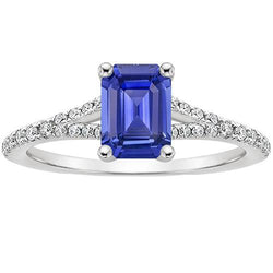 Sri Lankaanse saffier en diamanten ring met 4 karaat smaragd solitaire accenten
