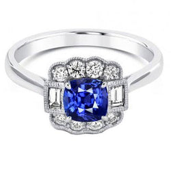 Stokbrood & Ronde Diamant Halo Kussen Saffier Ring 2.50 Karaats Prongs
