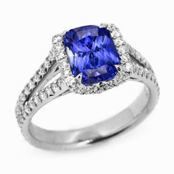 Stralende Halo Ceylon Sapphire Ring 4.50 karaat gespleten schacht diamanten
