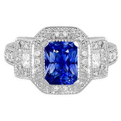 Stralende Halo Ring Antieke Stijl Blauwe Saffier & Diamanten 3 Karaat