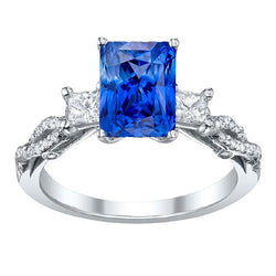 Stralende saffier edelsteen ring 3 stenen gedraaide stijl 3,50 karaat