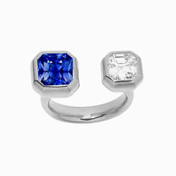 Toi et Moi Asscher Diamond Ring Bezel Set Radiant Sapphire 2,50 karaat