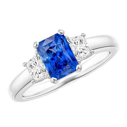 Trapezium Diamond Blue Sapphire Ring Radiant Cut 3 karaat drie steen