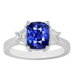 Trapezium diamant & kussen blauwe saffier 3 stenen ring 2,50 karaat
