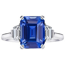 Trapeziumvormige diamanten ring met 3 stenen 3,50 karaat smaragd Srilankaanse saffier