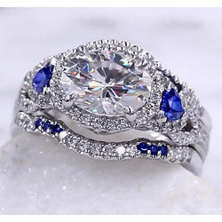 Trouwring set diamant blauwe saffier 5 karaat vrouwen sieraden