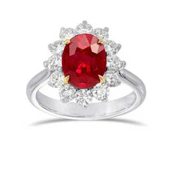 Tweekleurige 5,75 ct ovale robijn en diamanten ring wit goud 14k