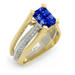 Tweekleurige gouden diamanten ring Stralende Ceylon saffier 3 karaats gespleten schacht