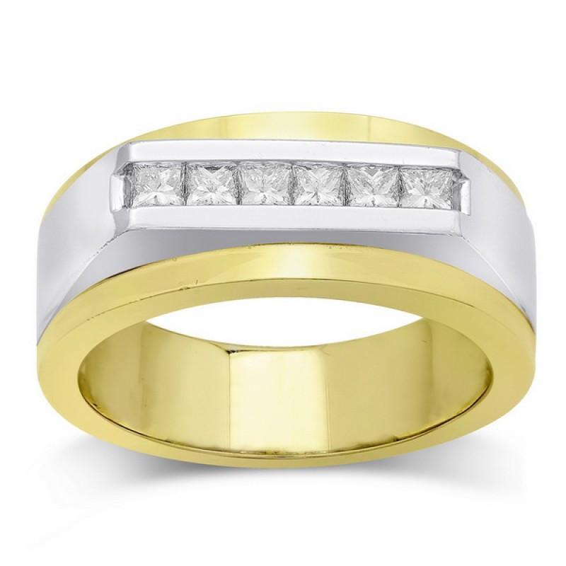 Tweekleurige Gouden 14K Herenringband Princess Echt Diamond 0,72 Karaat