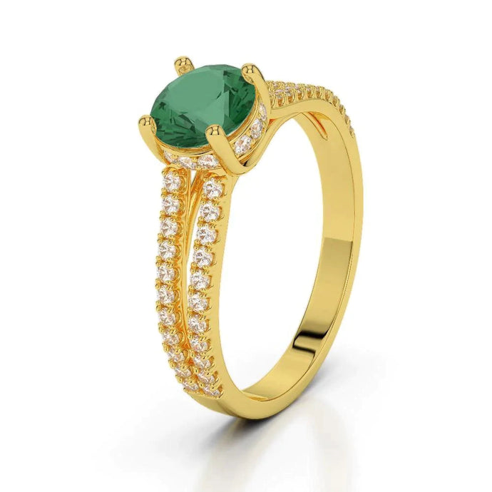 Verborgen halo groene smaragd met diamanten trouwring geel goud 14K