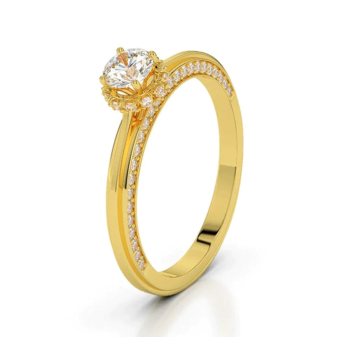 Verborgen halo ronde geslepen sprankelende diamanten trouwring 14K geel goud