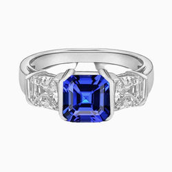 Verloving 3 stenen diamanten ring Asscher Sri Lankaanse saffier 2 karaat