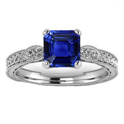 Vintage Stijl Edelsteen Ring Asscher Blauwe Saffier Met Accenten 3 Karaat