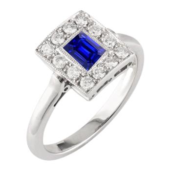 Vintage stijl Halo Ring Smaragd vormige saffier 2 karaat goud Milgrain - harrychadent.nl