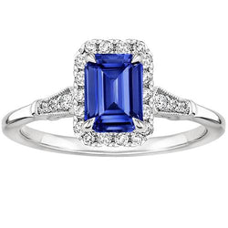 Vintage stijl Halo Ring smaragd Ceylon saffier & diamant 4,25 karaat