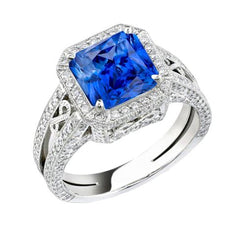 Vintage stijl Halo Sapphire Ring Srilanka Milgrain 3 karaats gespleten schacht