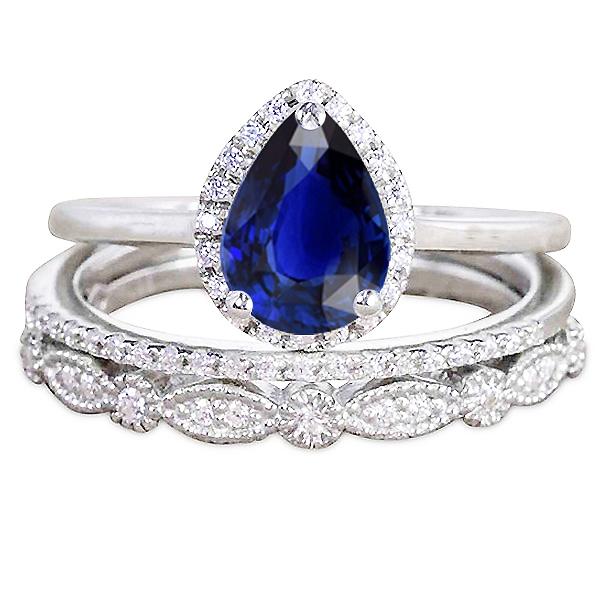 Vintage stijl Halo trouwring peer geslepen blauwe saffier set 3,50 karaat - harrychadent.nl