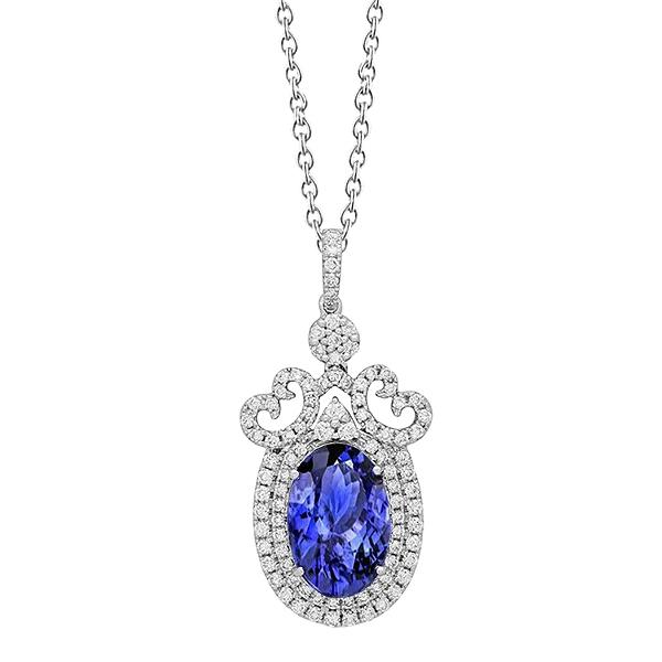 Wit goud 14K 8,60 ct. Ovale tanzaniet en diamanten hanger ketting - harrychadent.nl