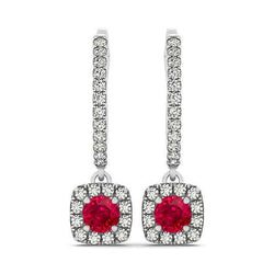 Witgouden 14K 7 kt ronde robijn met diamanten bungel oorbellen