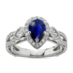 Witgouden Halo Blauwe Saffier Ring & Diamanten 4 Karaat