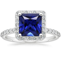 Witgouden Halo Ring Prinses Sri Lankaanse Saffier & Diamanten 6 Karaat