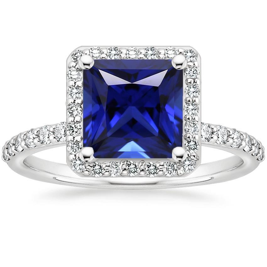 Witgouden Halo Ring Prinses Sri Lankaanse Saffier & Diamanten 6 Karaat - harrychadent.nl