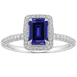 Witgouden Halo Ring Smaragd Sri Lankaanse Saffier & Diamant 4,50 Karaat
