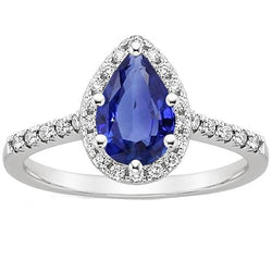 Witgoud Natuurlijke uit de aarde gewonnen Diamant Halo Edelsteen Ring 6 Karaat Peervormige Blauwe Saffier
