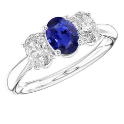 Witgouden diamanten ring met drie stenen ovale blauwe saffier 2,50 karaat