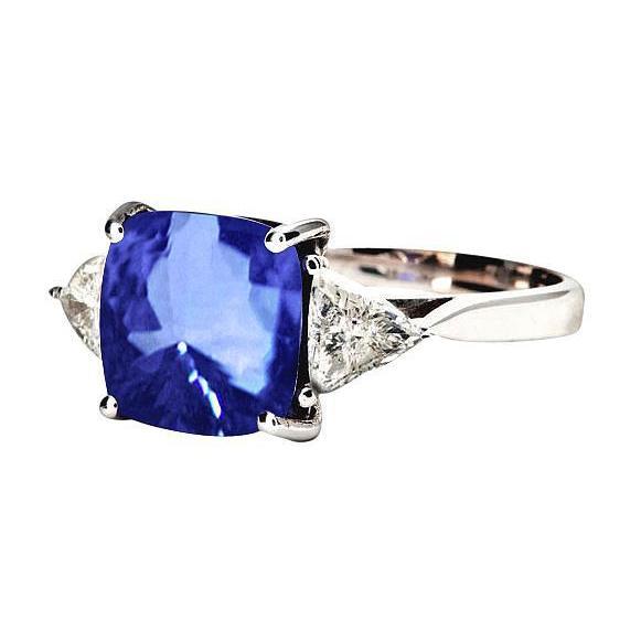 Witgouden kussen Ceylon blauwe saffier diamant 3 karaat 3-stenen ring - harrychadent.nl