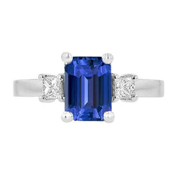 Witgouden ring met 3 stenen blauwe saffier en prinsesdiamanten 2,50 karaat