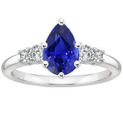 Witgouden ring met 5 stenen ronde diamant en peer blauwe saffier 3,25 karaat