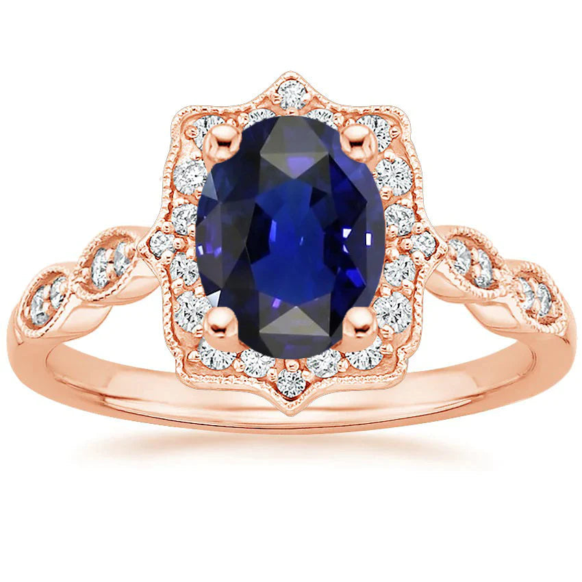 Zoals Edwardian Jewelry Rose Gold Diamond & Ceylon ovale saffierring