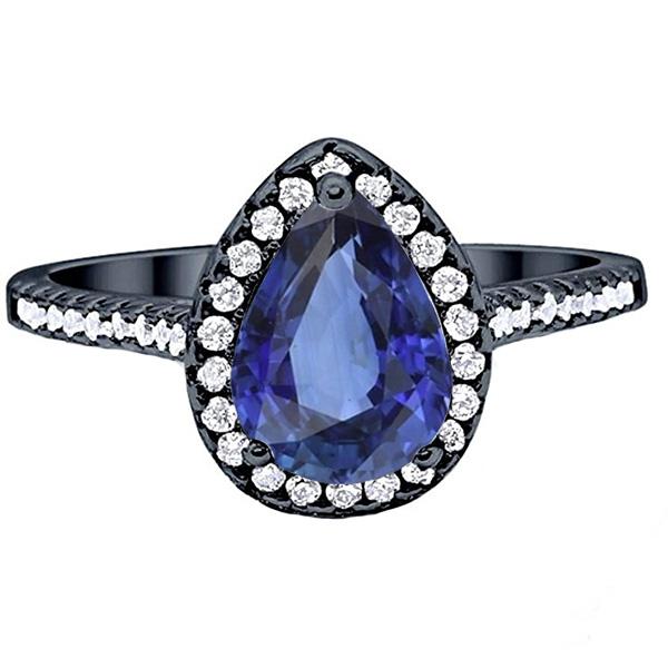Zwartgouden Halo Peervormige Ring Blauwe Saffier & Diamanten 4 Karaat - harrychadent.nl