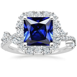 diamant Halo blauwe saffier ring prinses geslepen met accenten 7,50 karaat