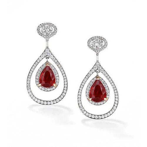 peer geslepen rode robijn & diamanten bungel oorbel 3,88 ct wit goud 14K - harrychadent.nl