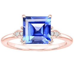 prinses blauwe saffier en diamanten ringtand set rosé goud 3,75 karaat