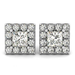 prinses & ronde diamant 2.50 Carat Stud Halo Earring Witgoud 14K